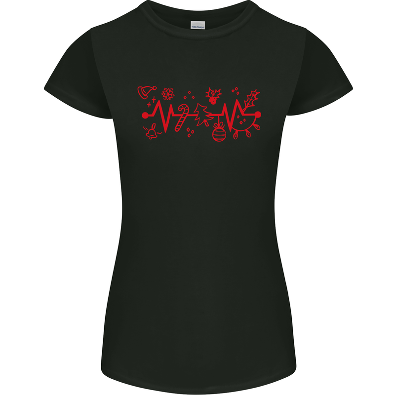 Christmas ECG Xmas Heartbeat Love Heart Womens Petite Cut T-Shirt Black