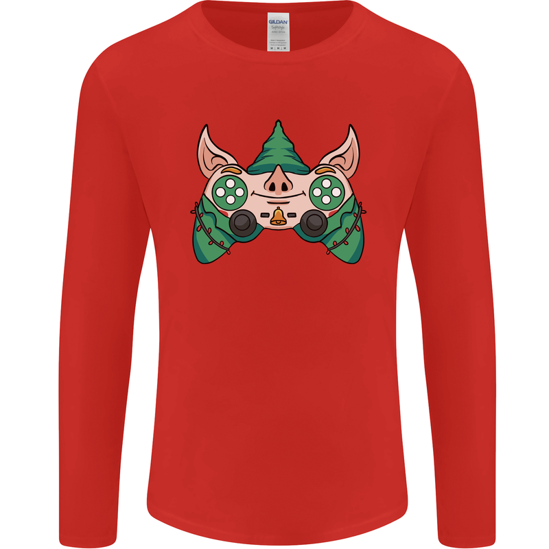 Christmas Elf Video Game Controller Joypad Xmas Mens Long Sleeve T-Shirt Red