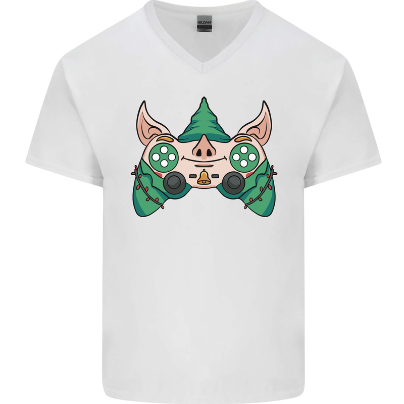 Christmas Elf Video Game Controller Joypad Xmas Mens V-Neck Cotton T-Shirt White
