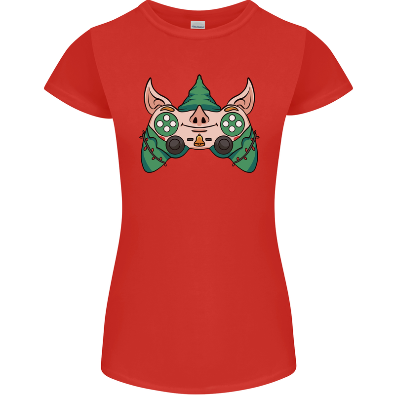 Christmas Elf Video Game Controller Joypad Xmas Womens Petite Cut T-Shirt Red