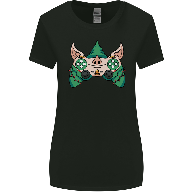 Christmas Elf Video Game Controller Joypad Xmas Womens Wider Cut T-Shirt Black