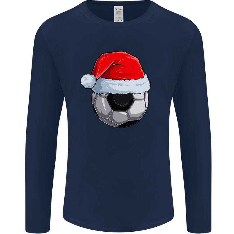 Christmas Football Santa Hat Xmas Soccer Mens Long Sleeve T-Shirt Navy Blue