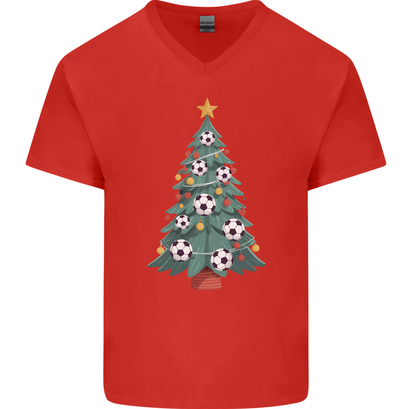 Christmas Football Tree Xmas Soccer Footy Mens V-Neck Cotton T-Shirt Red
