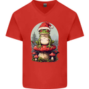 Christmas Frog Toadstool Xmas Mycology Foraging Mens V-Neck Cotton T-Shirt Red
