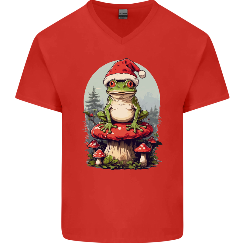 Christmas Frog Toadstool Xmas Mycology Foraging Mens V-Neck Cotton T-Shirt Red