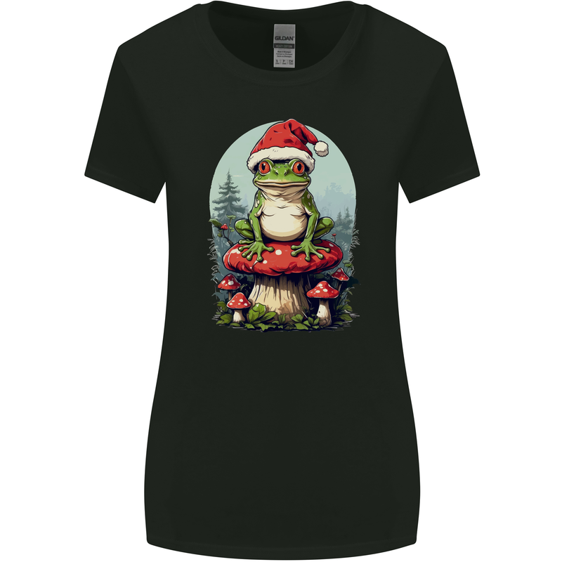 Christmas Frog Toadstool Xmas Mycology Foraging Womens Wider Cut T-Shirt Black