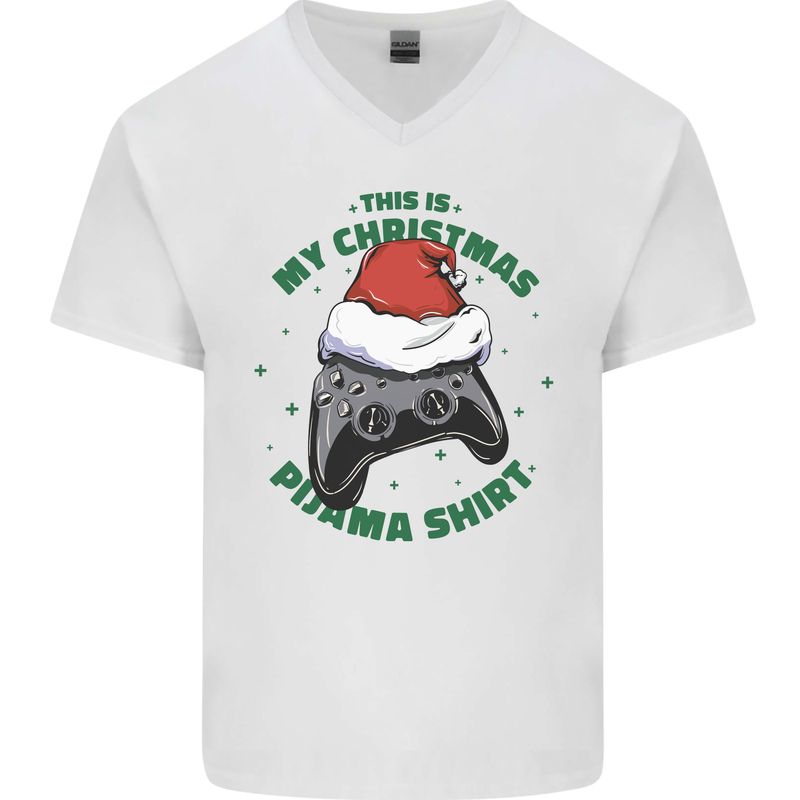 Christmas Gamer Pyjama Video Game Joypad Xmas Mens V-Neck Cotton T-Shirt White