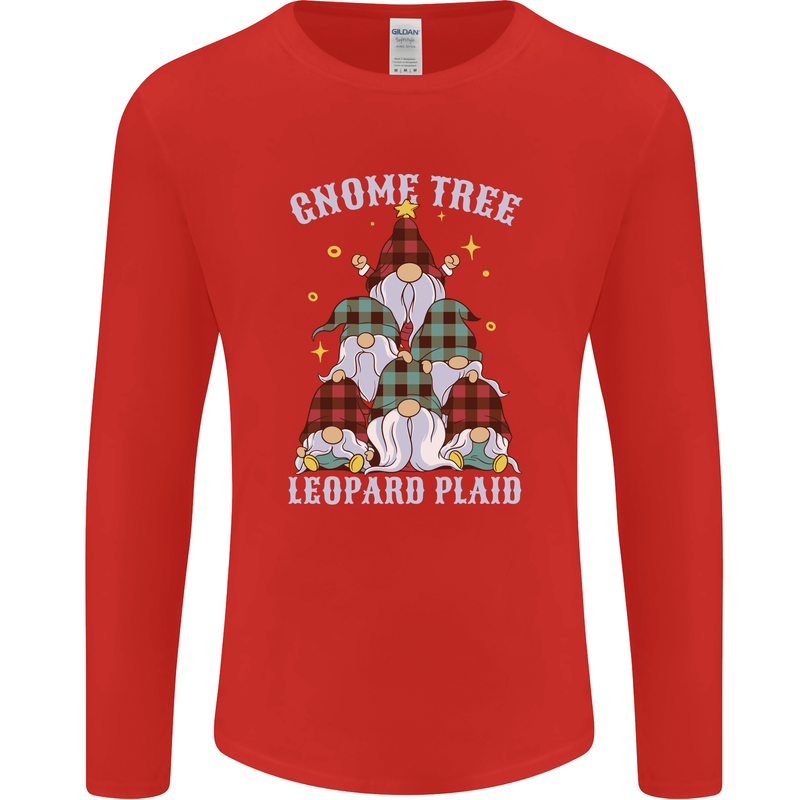 Christmas Gnome Tree Funny Xmas Plaid Tartan Mens Long Sleeve T-Shirt Red