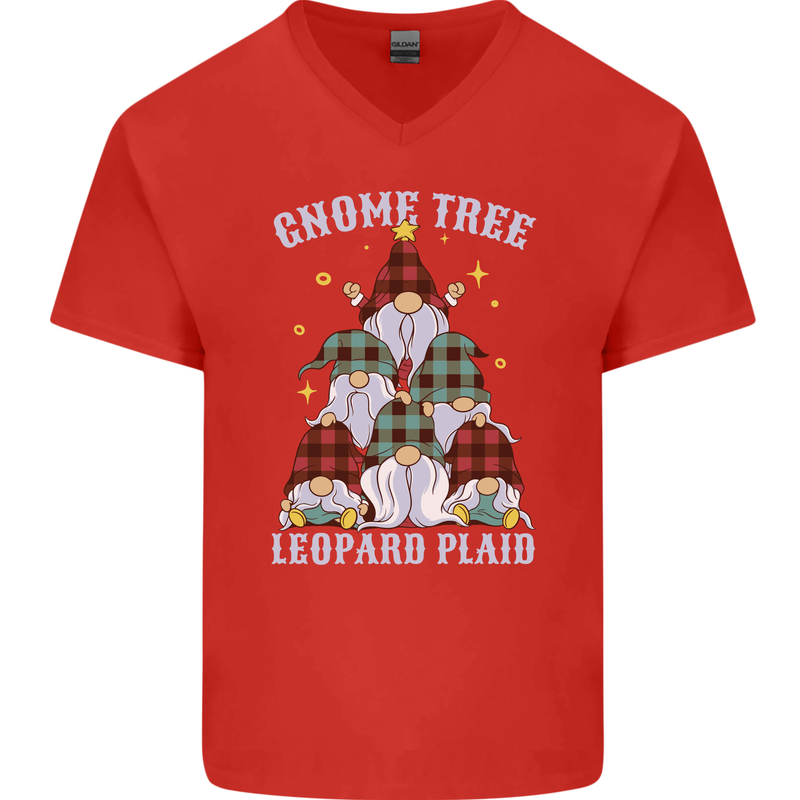 Christmas Gnome Tree Funny Xmas Plaid Tartan Mens V-Neck Cotton T-Shirt Red
