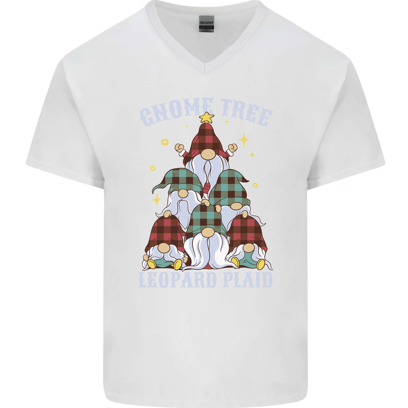 Christmas Gnome Tree Funny Xmas Plaid Tartan Mens V-Neck Cotton T-Shirt White