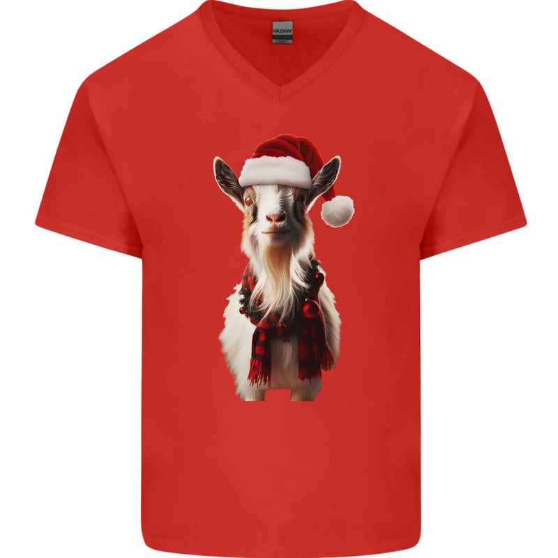 Christmas Goat Wearing  an Xmas Hat Mens V-Neck Cotton T-Shirt Red