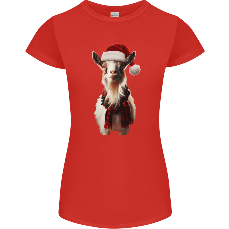 Christmas Goat Wearing  an Xmas Hat Womens Petite Cut T-Shirt Red