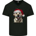 Christmas Golden Labrador Dog Xmas Hat Mens V-Neck Cotton T-Shirt Black