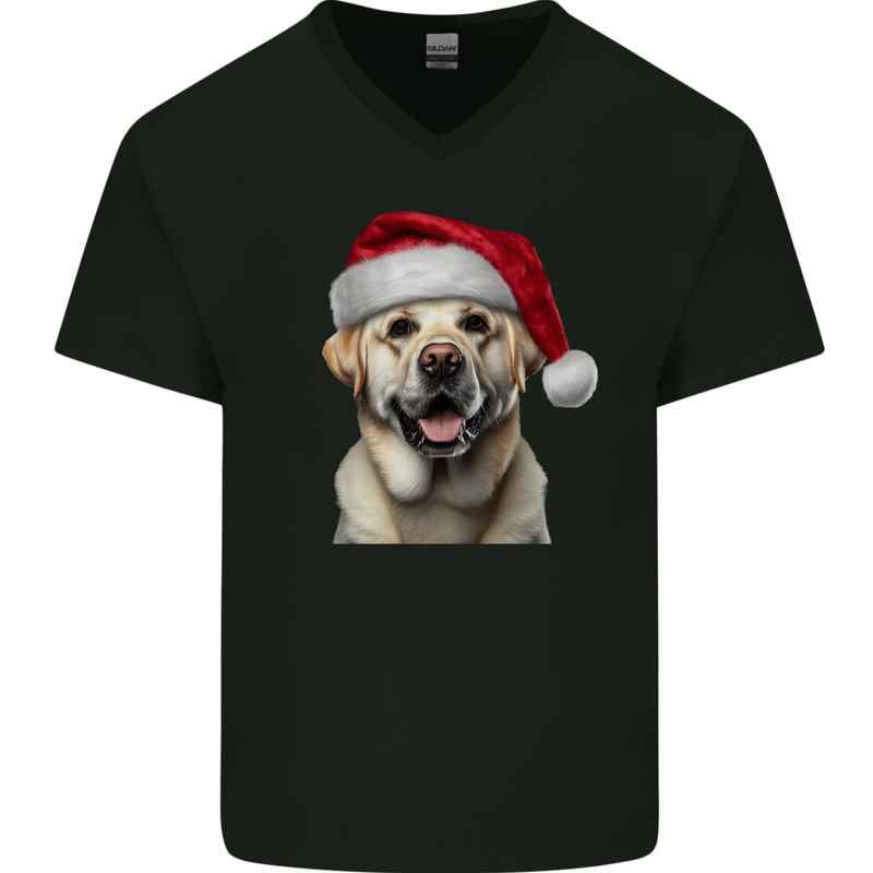 Christmas Golden Labrador Dog Xmas Hat Mens V-Neck Cotton T-Shirt Black