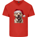 Christmas Golden Labrador Dog Xmas Hat Mens V-Neck Cotton T-Shirt Red