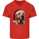Christmas Golden Labrador Xmas Hat Dog Mens V-Neck Cotton T-Shirt Red