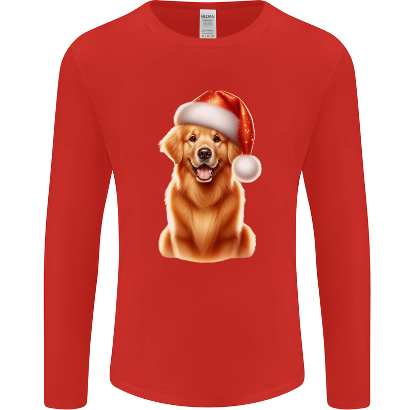 Christmas Golden Retriever Dog Xmas Hat Mens Long Sleeve T-Shirt Red