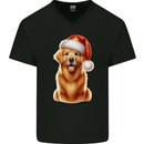 Christmas Golden Retriever Dog Xmas Hat Mens V-Neck Cotton T-Shirt Black