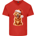 Christmas Golden Retriever Dog Xmas Hat Mens V-Neck Cotton T-Shirt Red