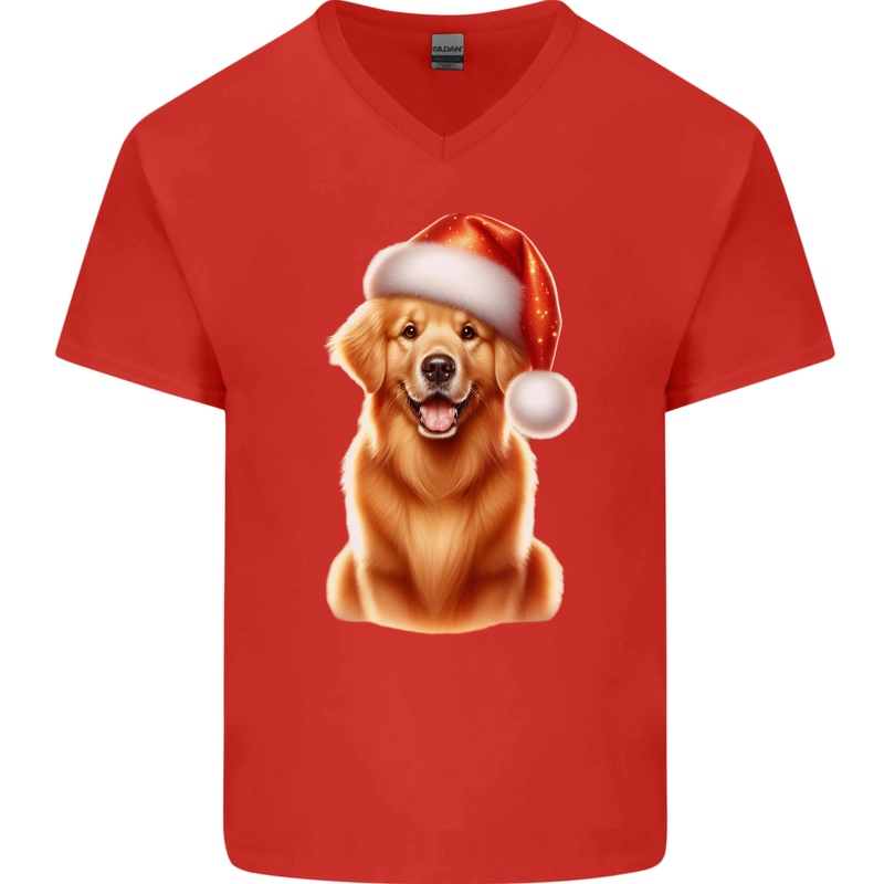 Christmas Golden Retriever Dog Xmas Hat Mens V-Neck Cotton T-Shirt Red