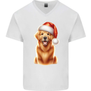 Christmas Golden Retriever Dog Xmas Hat Mens V-Neck Cotton T-Shirt White