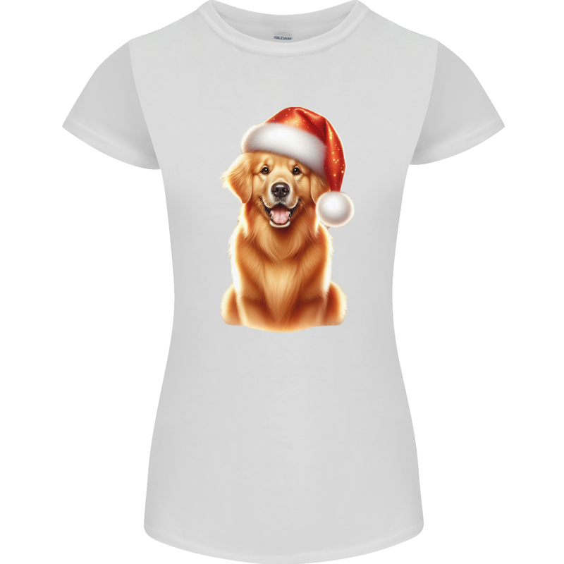 Christmas Golden Retriever Dog Xmas Hat Womens Petite Cut T-Shirt White