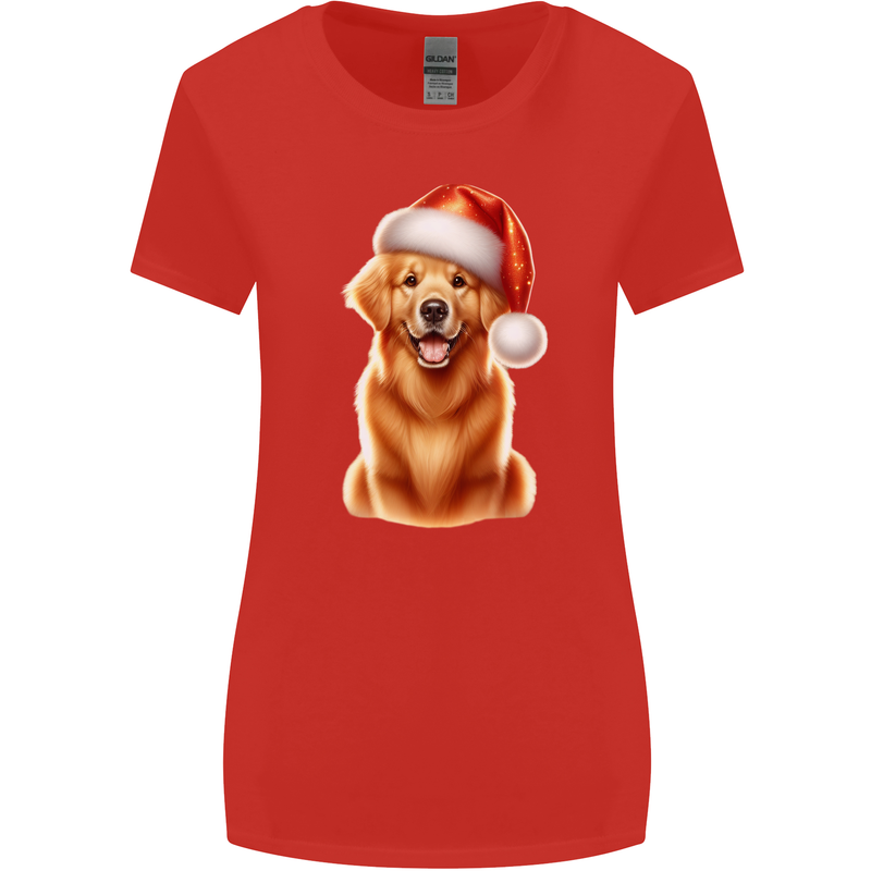 Christmas Golden Retriever Dog Xmas Hat Womens Wider Cut T-Shirt Red