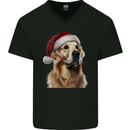 Christmas Golden Retriever Tartan Xmas Hat Dog Mens V-Neck Cotton T-Shirt Black