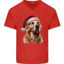 Christmas Golden Retriever Tartan Xmas Hat Dog Mens V-Neck Cotton T-Shirt Red