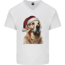 Christmas Golden Retriever Tartan Xmas Hat Dog Mens V-Neck Cotton T-Shirt White