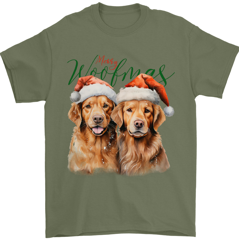 Christmas Golden Retrievers Dogs Xmas Mens T-Shirt 100% Cotton Military Green