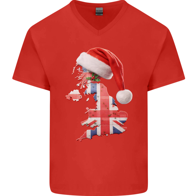 Christmas Great Britain UK Union Jack Flag Xmas Mens V-Neck Cotton T-Shirt Red