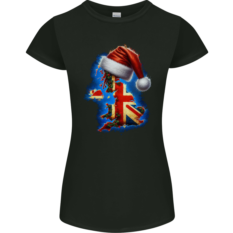 Christmas Great Britain UK Union Jack Xmas Flag Womens Petite Cut T-Shirt Black