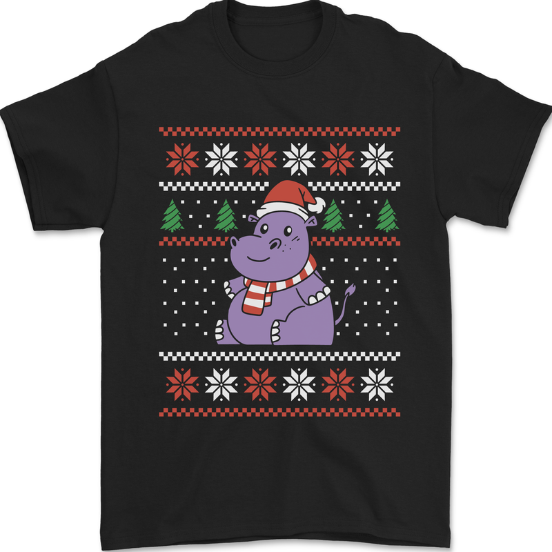 Christmas HIppo Xmas Hippopotamus Mens T-Shirt 100% Cotton Black