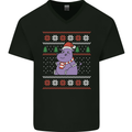 Christmas HIppo Xmas Hippopotamus Mens V-Neck Cotton T-Shirt Black