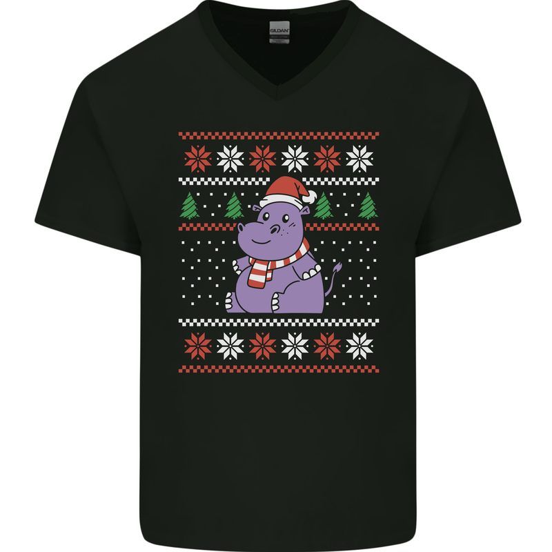 Christmas HIppo Xmas Hippopotamus Mens V-Neck Cotton T-Shirt Black