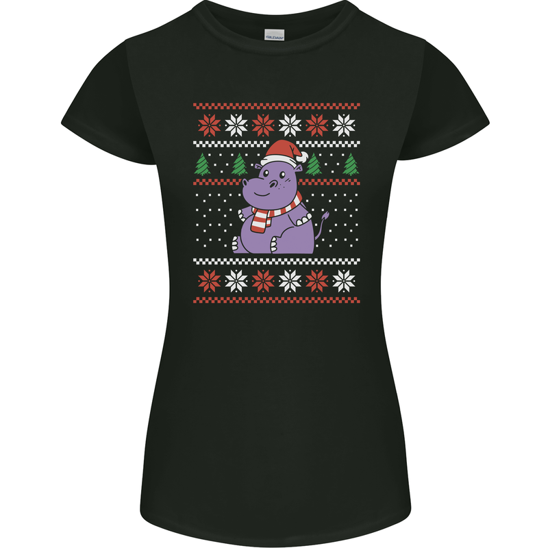 Christmas HIppo Xmas Hippopotamus Womens Petite Cut T-Shirt Black