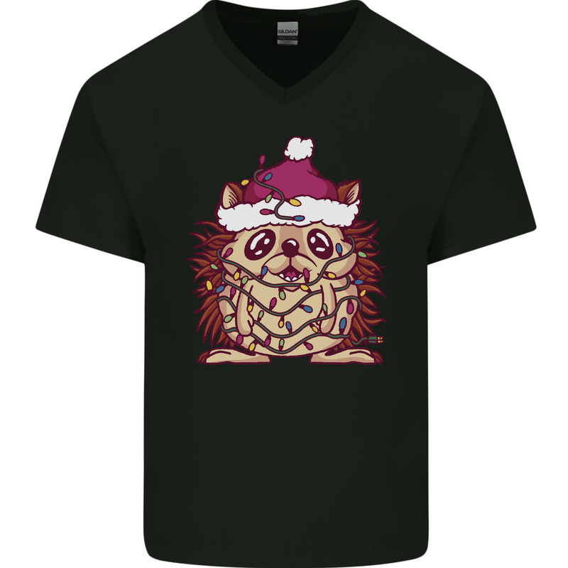Christmas Hedgehog Wearing an Xmas Hat Mens V-Neck Cotton T-Shirt Black