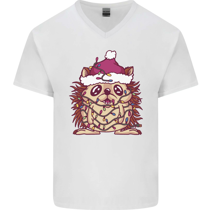 Christmas Hedgehog Wearing an Xmas Hat Mens V-Neck Cotton T-Shirt White