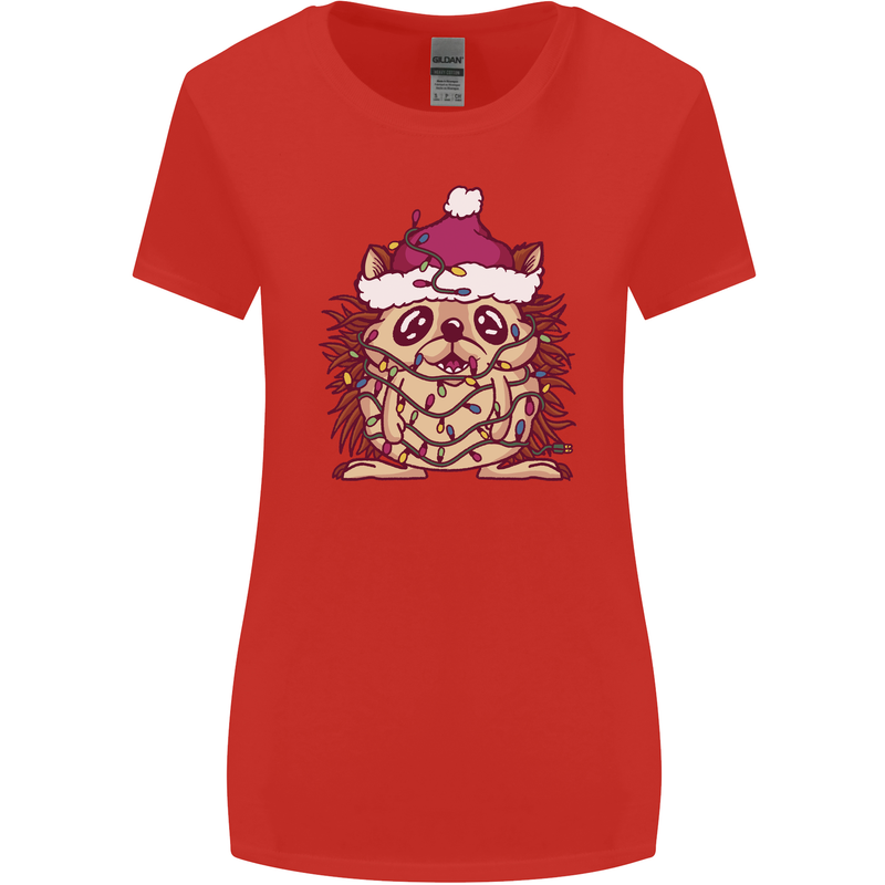 Christmas Hedgehog Wearing an Xmas Hat Womens Wider Cut T-Shirt Red