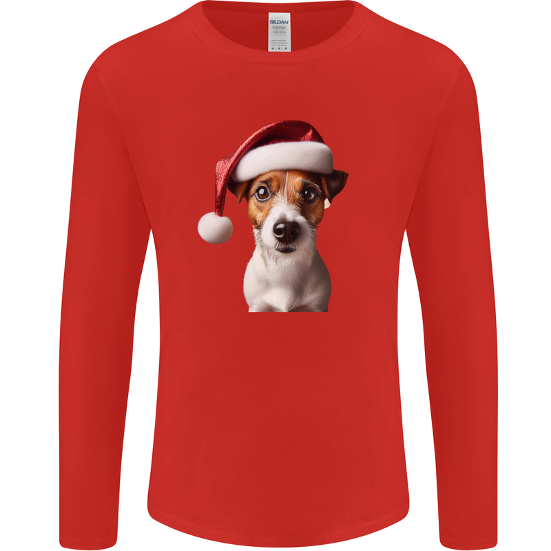 Christmas Jack Russell Dog Wearing an Xmas Hat Mens Long Sleeve T-Shirt Red