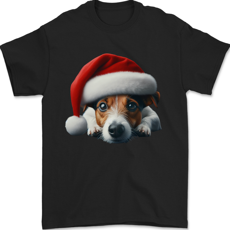 Christmas Jack Russell Wearing an Xmas Hat Dog Mens T-Shirt 100% Cotton Black