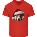Christmas Jack Russell Wearing an Xmas Hat Dog Mens V-Neck Cotton T-Shirt Red
