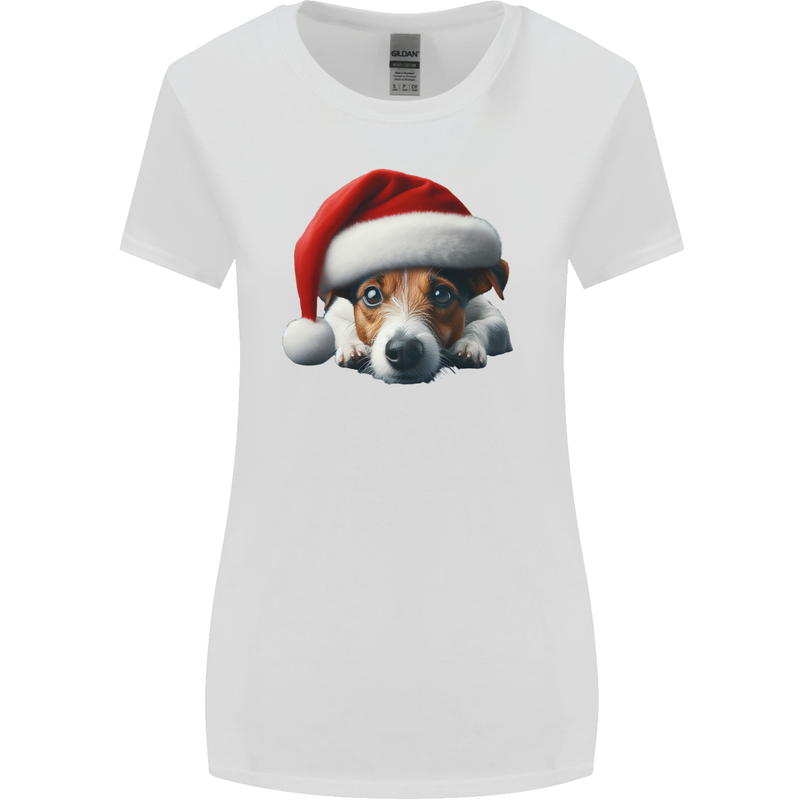 Christmas Jack Russell Wearing an Xmas Hat Dog Womens Wider Cut T-Shirt White
