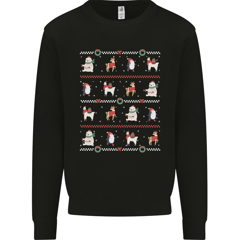 Christmas Penguin Llama Reindeer Bear Xmas Kids Sweatshirt Jumper Black