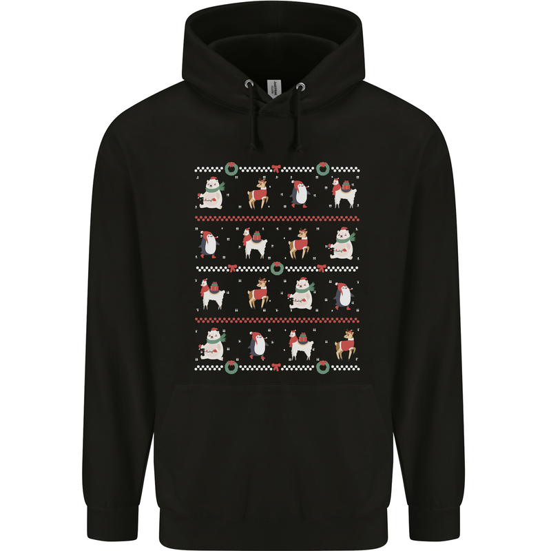 Christmas Penguin Llama Reindeer Bear Xmas Mens 80% Cotton Hoodie Black