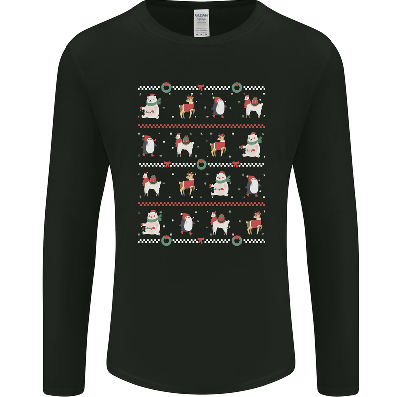 Christmas Penguin Llama Reindeer Bear Xmas Mens Long Sleeve T-Shirt Black