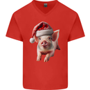 Christmas Pig Wearing Xmas Hats Piglets Mens V-Neck Cotton T-Shirt Red