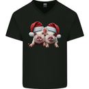 Christmas Piglets Wearing Xmas Hats Pig Mens V-Neck Cotton T-Shirt Black