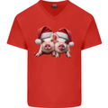 Christmas Piglets Wearing Xmas Hats Pig Mens V-Neck Cotton T-Shirt Red